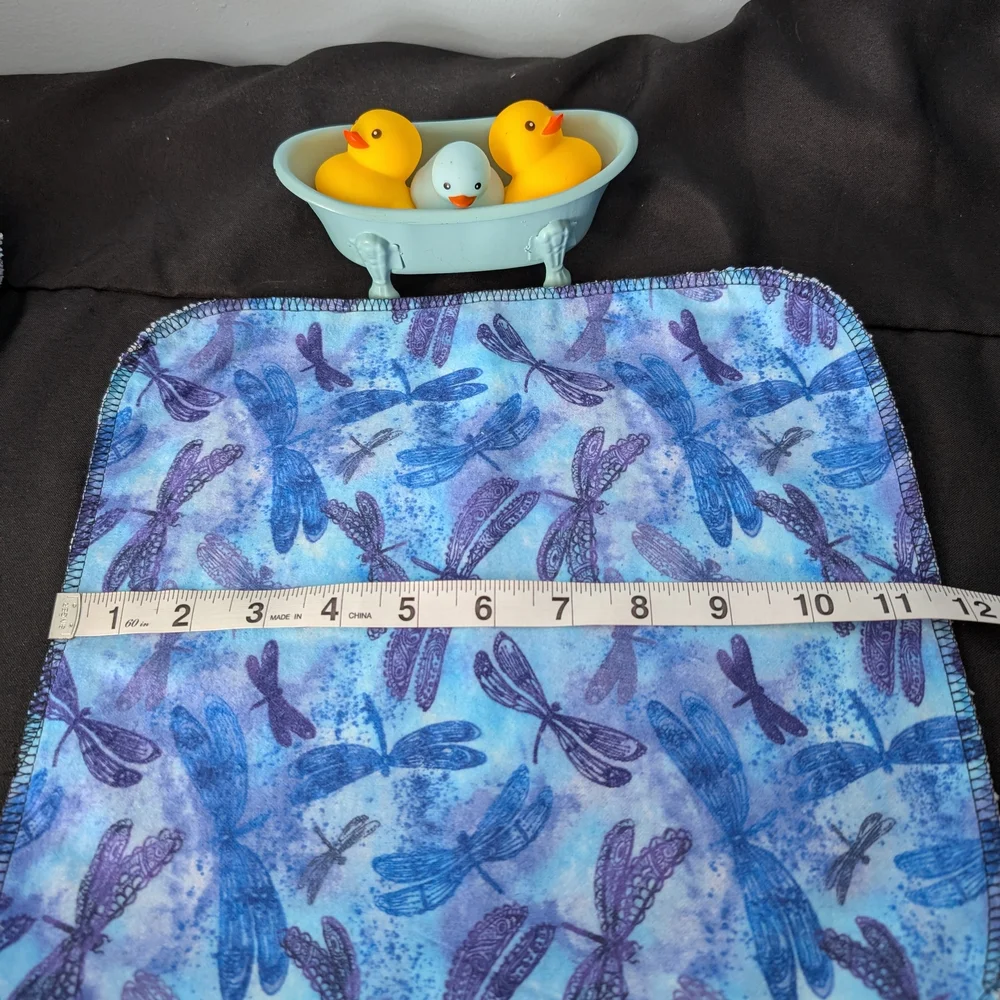 Set Of 4 Hand Crafted 100% Cotton Blue and Purple Dragonfly Wash Cloths